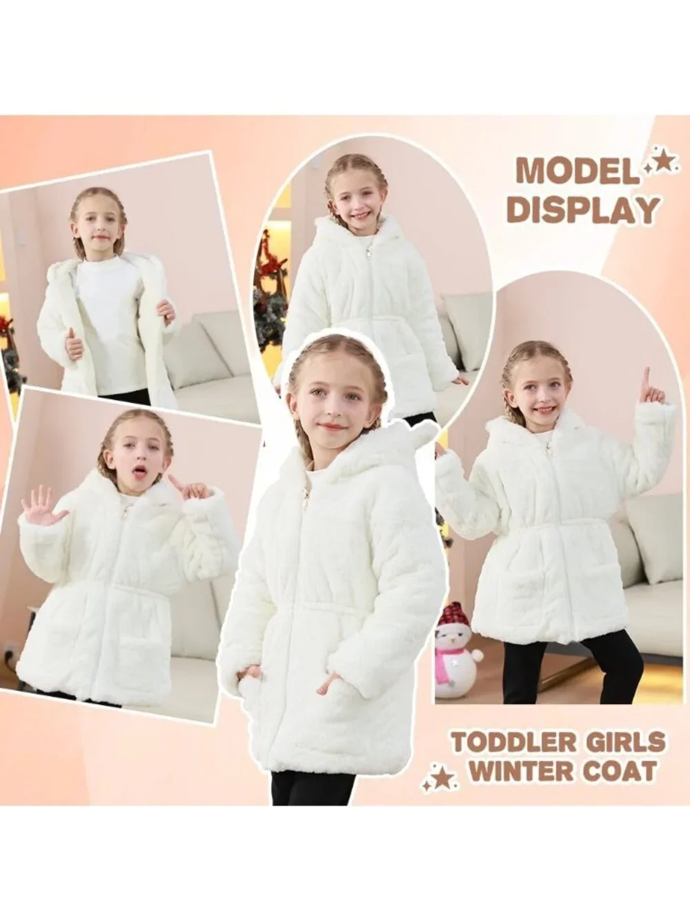 Kids Girls White Polyester Winter Warm Outwear Ear Hooded Faux Fur Thicken Fleec